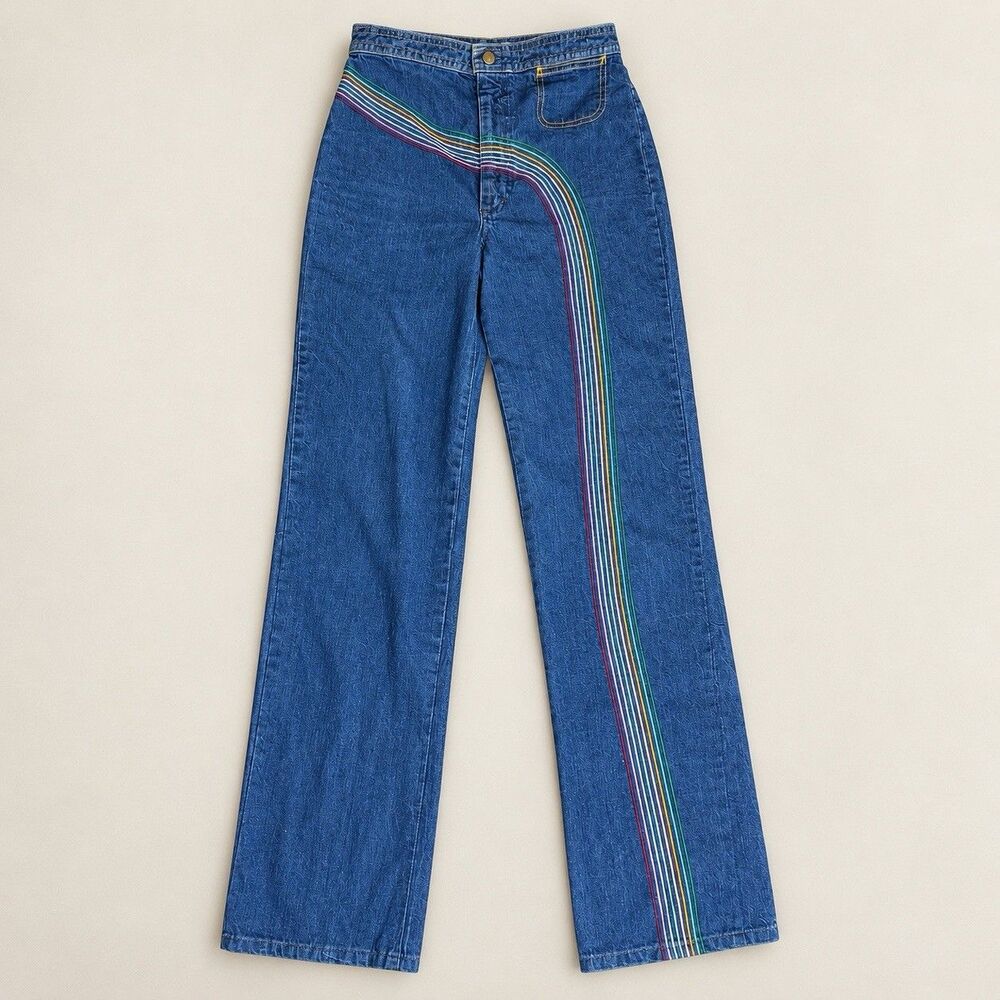 Vintage 1970s Ms Lee Freeway Rainbow Jeans USA High Rise Flare 26x32 Rare Boho